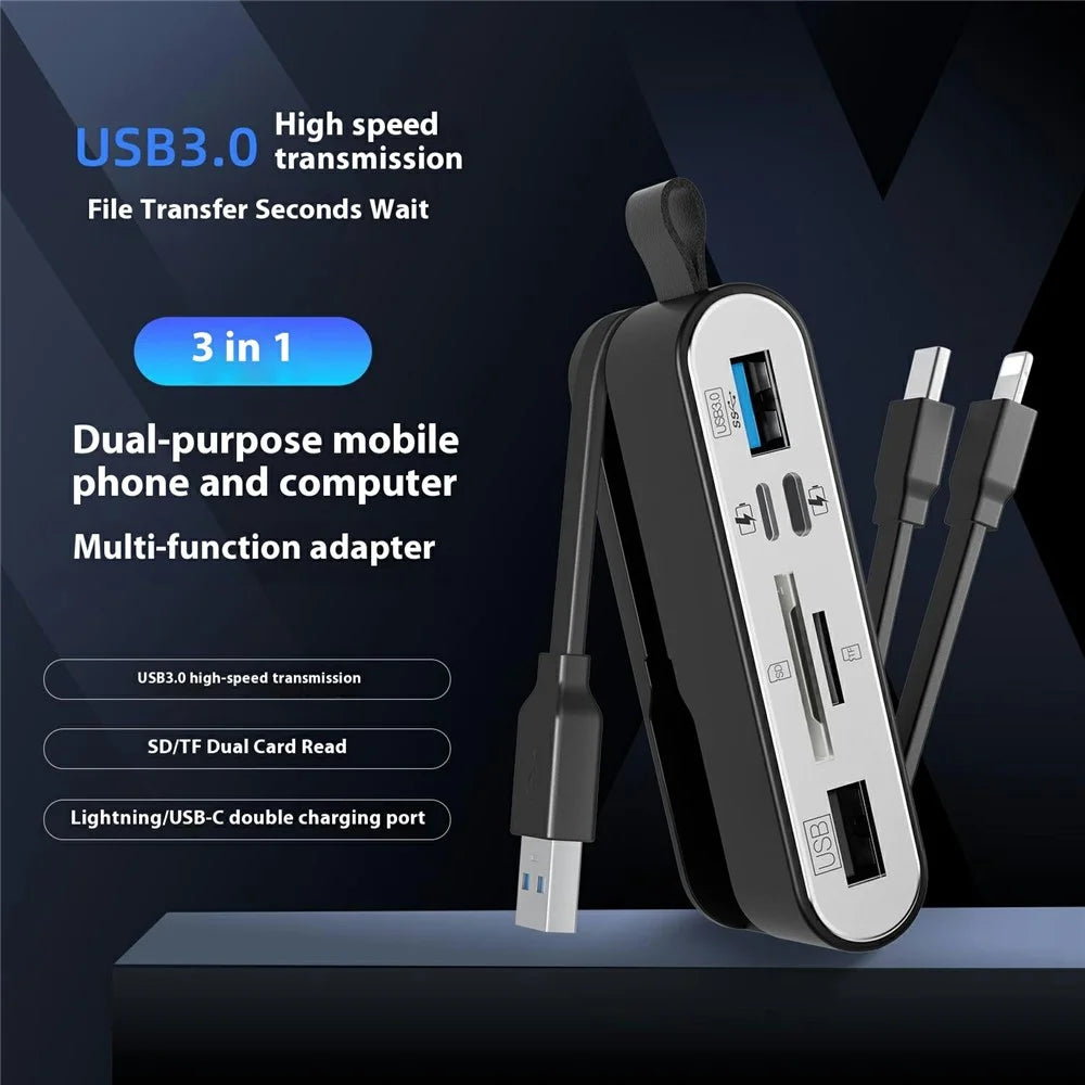 NK1058 3-in-1 USB 3.0 + USB-C + iP to SD / TF Card Reader USB Splitter Adapter for Mouse Keyboard - 2