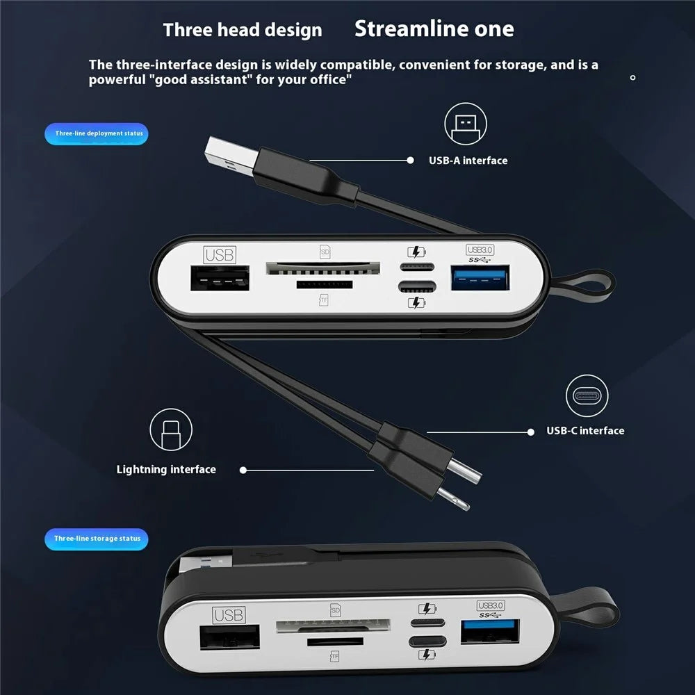 NK1058 3-in-1 USB 3.0 + USB-C + iP to SD / TF Card Reader USB Splitter Adapter for Mouse Keyboard - 4