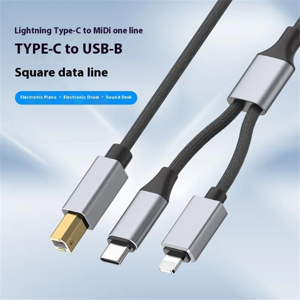 1m 2-in-1 iP + Type-C to Midi Adapter Cable for Printer / Electronic Keyboard / Mixer / Sound Card - Black - 2