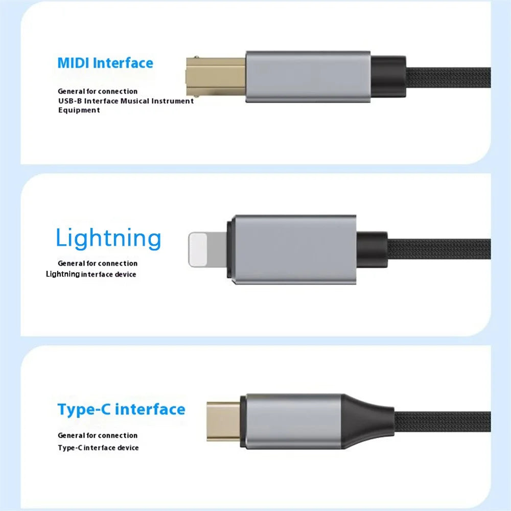 1m 2-in-1 iP + Type-C to Midi Adapter Cable for Printer / Electronic Keyboard / Mixer / Sound Card - Black - 6