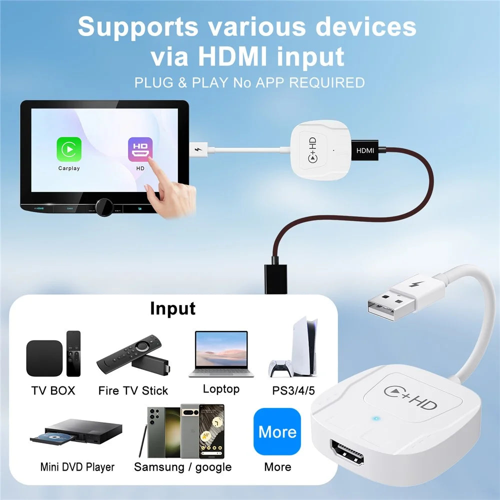 020-7-1 Wired to Wireless USB Plug Carplay Adapter with HD Female Port Multimedia Player for iPhone - White - 3