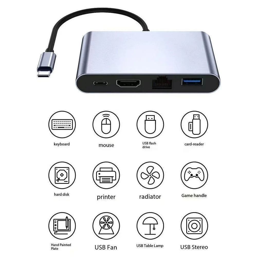 2322 Aluminum Shell Type-C Hub with RJ45 + 4K / 30HZ HD + USB 3.0 + PD 100W Charging Port - 2