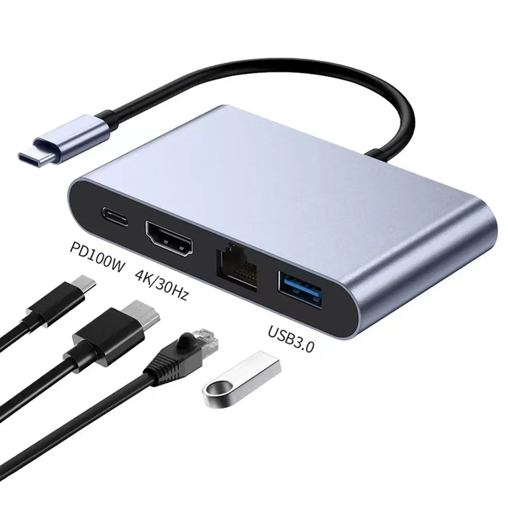 2322 Aluminum Shell Type-C Hub with RJ45 + 4K / 30HZ HD + USB 3.0 + PD 100W Charging Port - 3