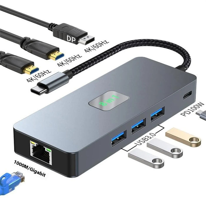 2401 8-in-1 Type-C Hub Docking Station with Gigabit Ethernet, 3x USB 3.0, 2x HD, DP, PD 100W Port - 2