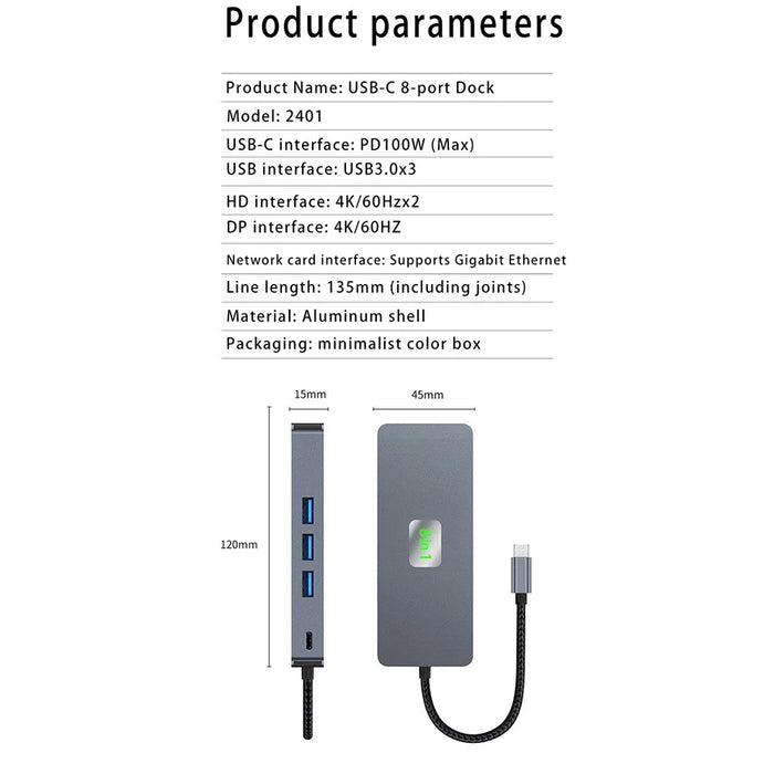 2401 8-in-1 Type-C Hub Docking Station with Gigabit Ethernet, 3x USB 3.0, 2x HD, DP, PD 100W Port - 3
