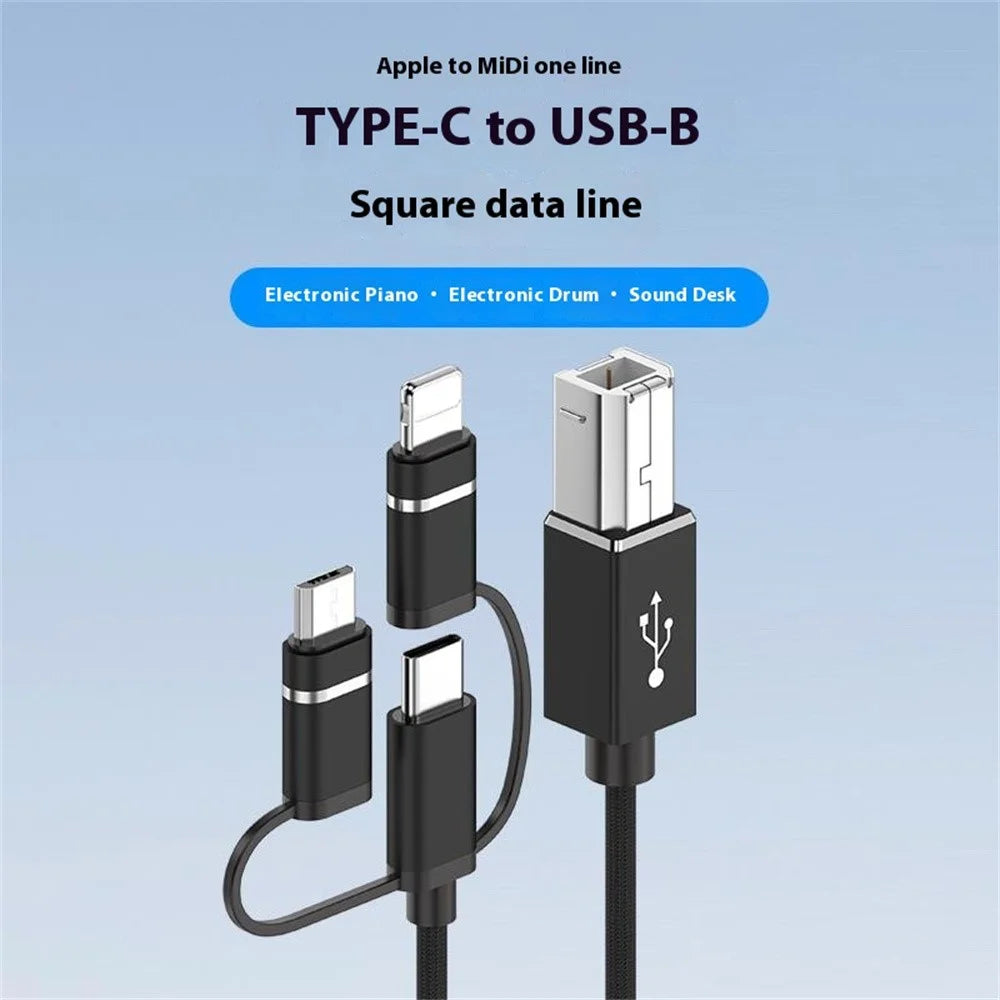 1m Plug and Play 3-in-1 iP + Type-C + Micro USB to MIDI Cable for Printer / Electric Piano / Keyboard / Mixer - Black - 3