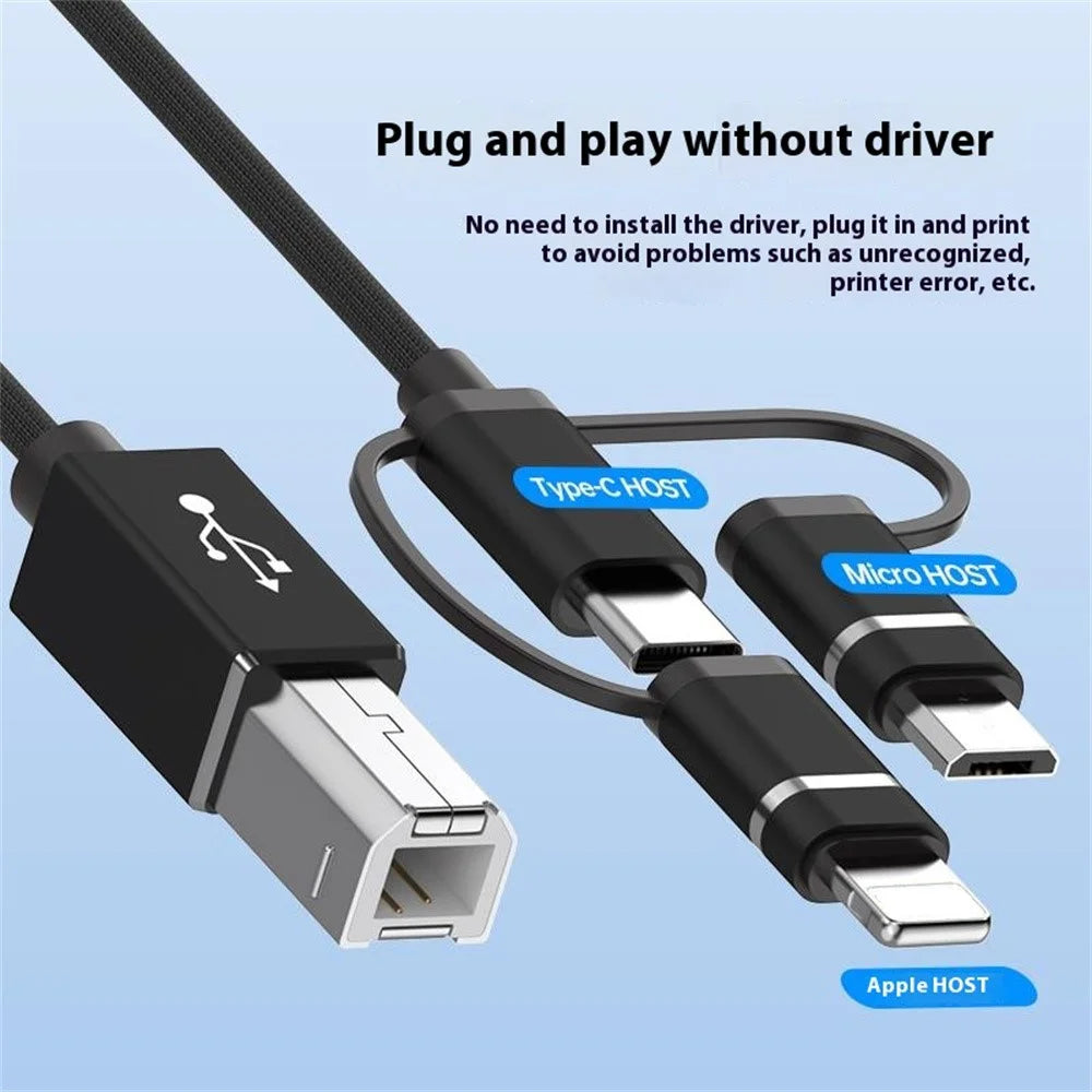 1m Plug and Play 3-in-1 iP + Type-C + Micro USB to MIDI Cable for Printer / Electric Piano / Keyboard / Mixer - Black - 5