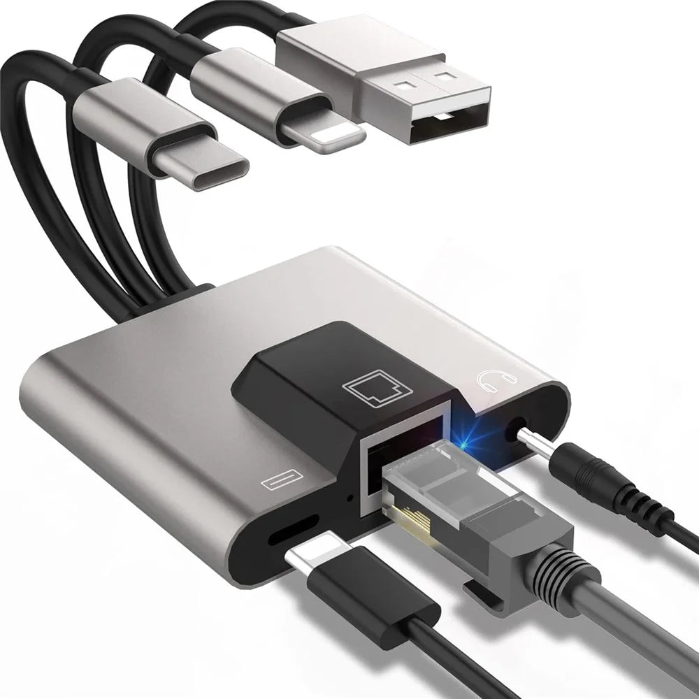 NK-1056S iP  /  USB-A  /  Type-C 3-in-1 Ethernet Adapter with 3.5mm Audio Jack for Windows / Mac OS / Phone / Pad - 1