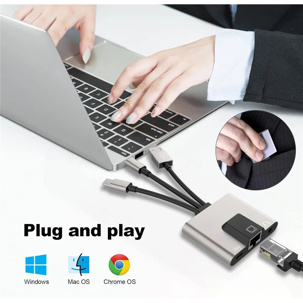 NK-1056S iP  /  USB-A  /  Type-C 3-in-1 Ethernet Adapter with 3.5mm Audio Jack for Windows / Mac OS / Phone / Pad - 2