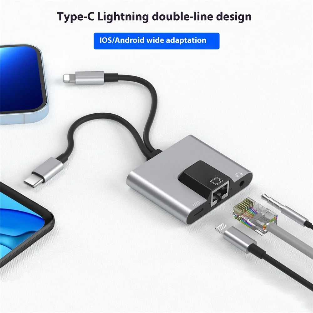 2-in-1 iP  /  Type-C Ethernet Adapter 100Mbps Network Card 3.5mm Audio Jack Converter - 3