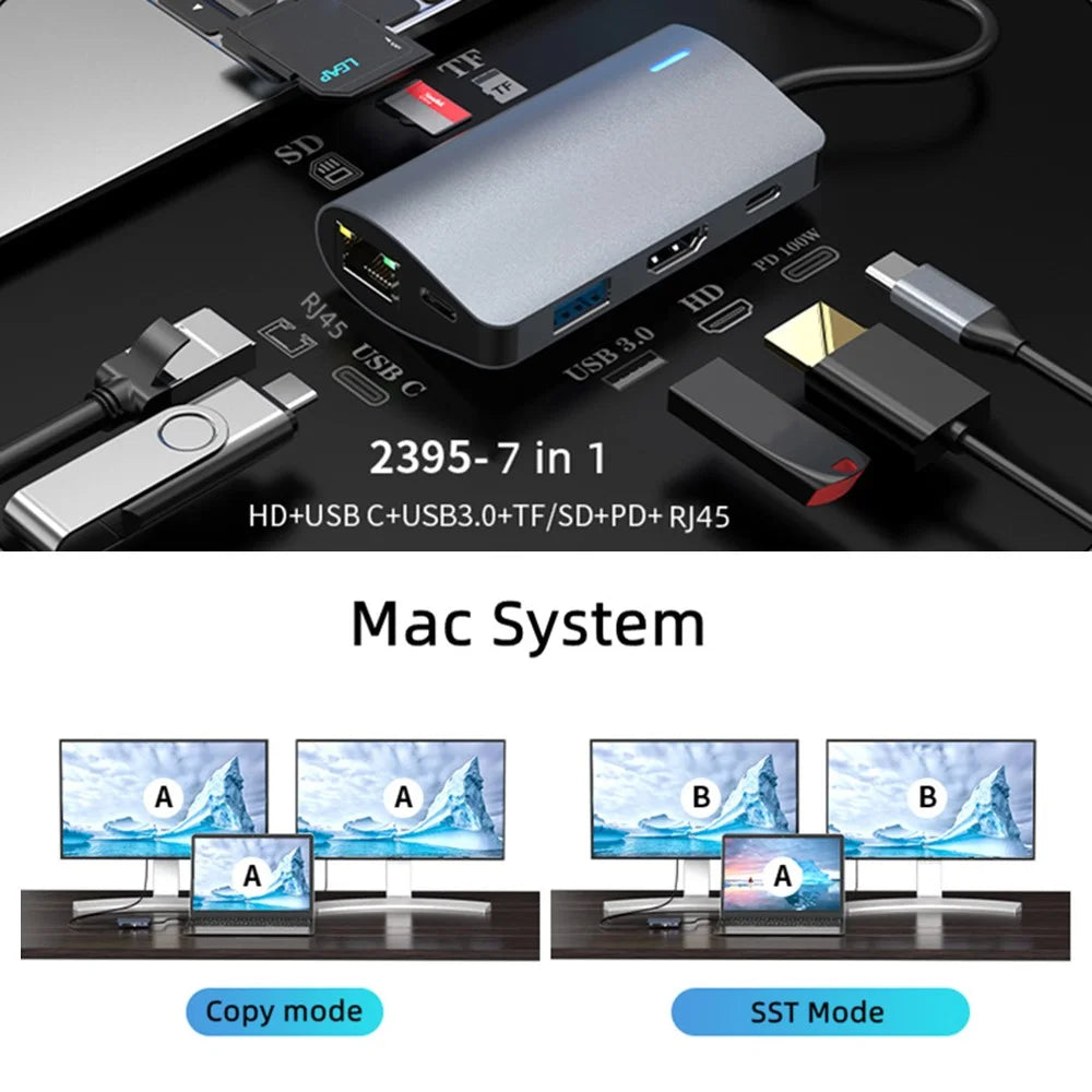 2395-07 USB-C Hub 7-Port Docking Station with 4K HD, 100W PD, USB 3.0, RJ45, SD / TF Card Reader - 2