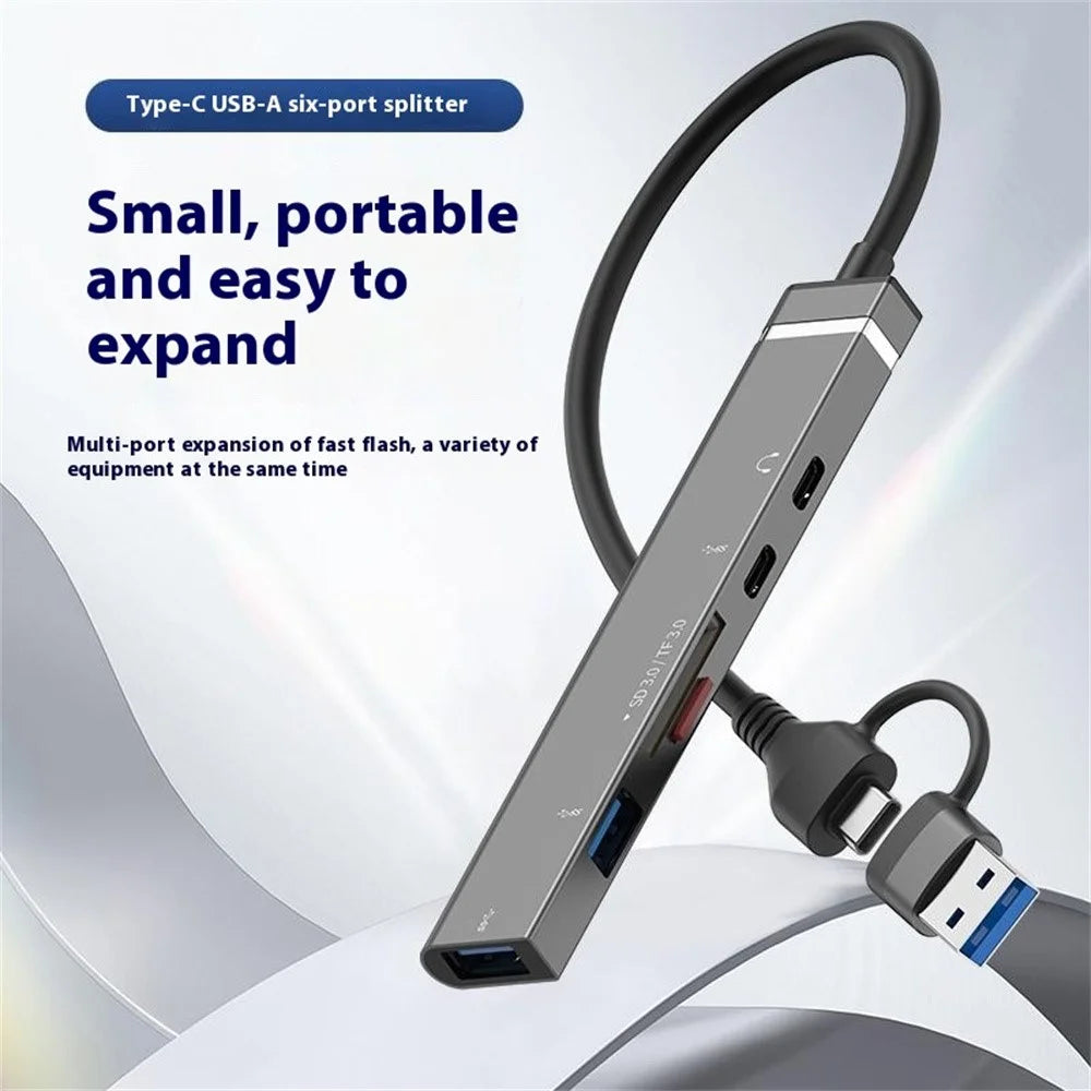USB + Type-C 6-in-1 Hub Smartphones Tablets Computers Multi-Port Adapter OTG Card Reader - Grey - 3