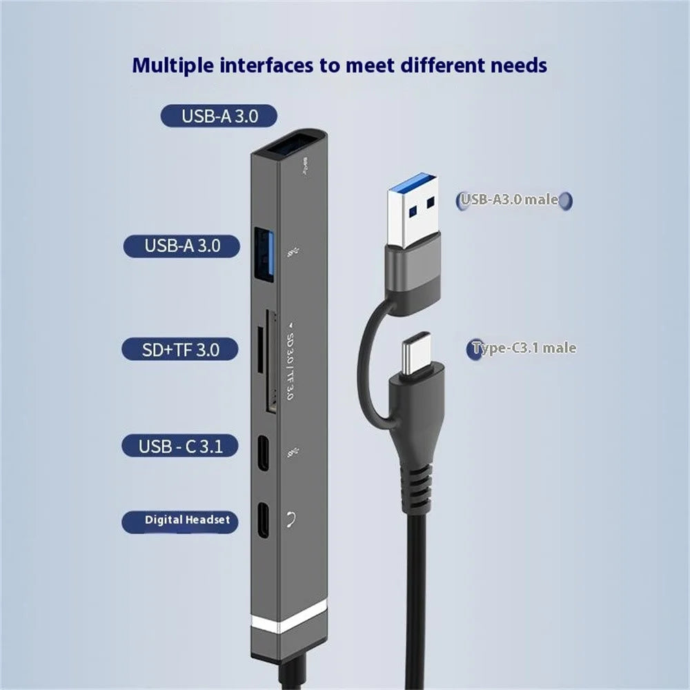USB + Type-C 6-in-1 Hub Smartphones Tablets Computers Multi-Port Adapter OTG Card Reader - Grey - 4
