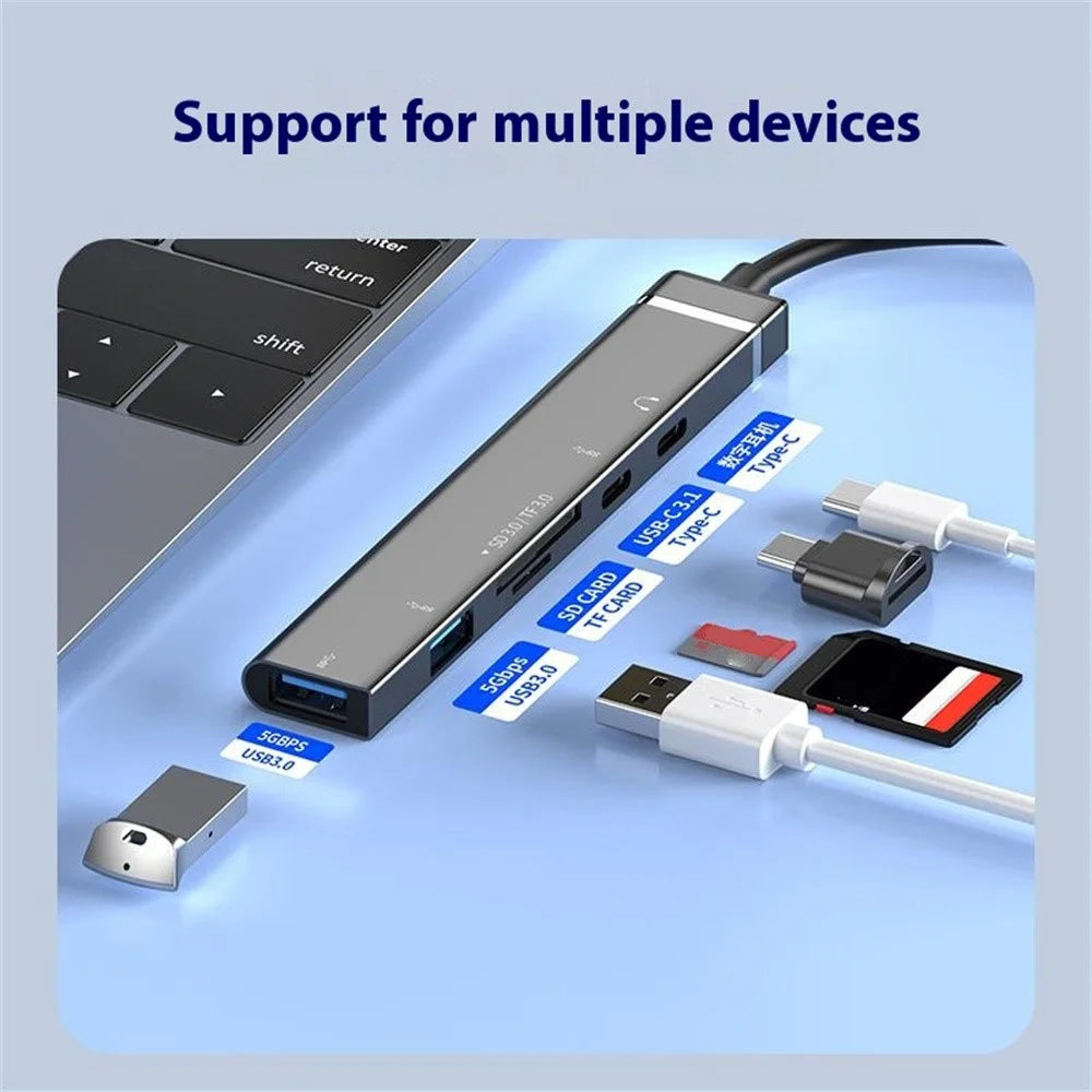 USB + Type-C 6-in-1 Hub Smartphones Tablets Computers Multi-Port Adapter OTG Card Reader - Grey - 6