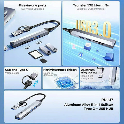 REMAX RU-U7 5 In 1 USB Hub Type-C Aluminum Alloy Multi-Port Adapter Splitter - 2