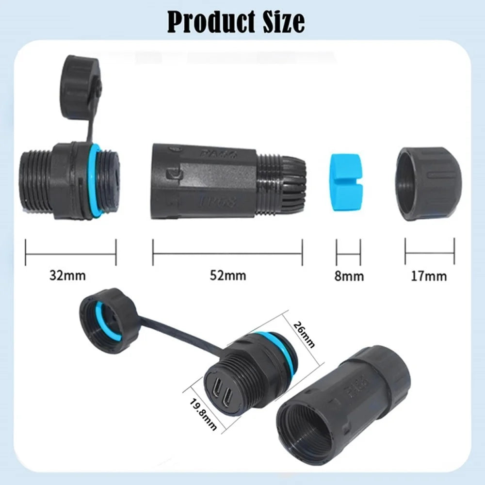 10Gbps IP68 Waterproof Dual Type-C Female to Female Adapter with Protective Cap - 6