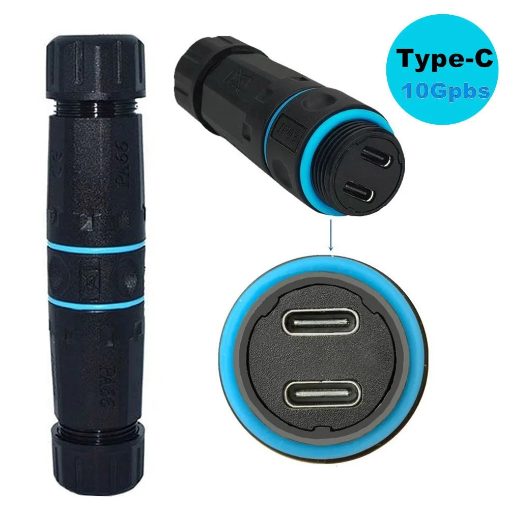10Gbps Dual Type-C Outdoor IP68 Waterproof Connector M20 Pass Through Data Transfer Charging Adapter - 2