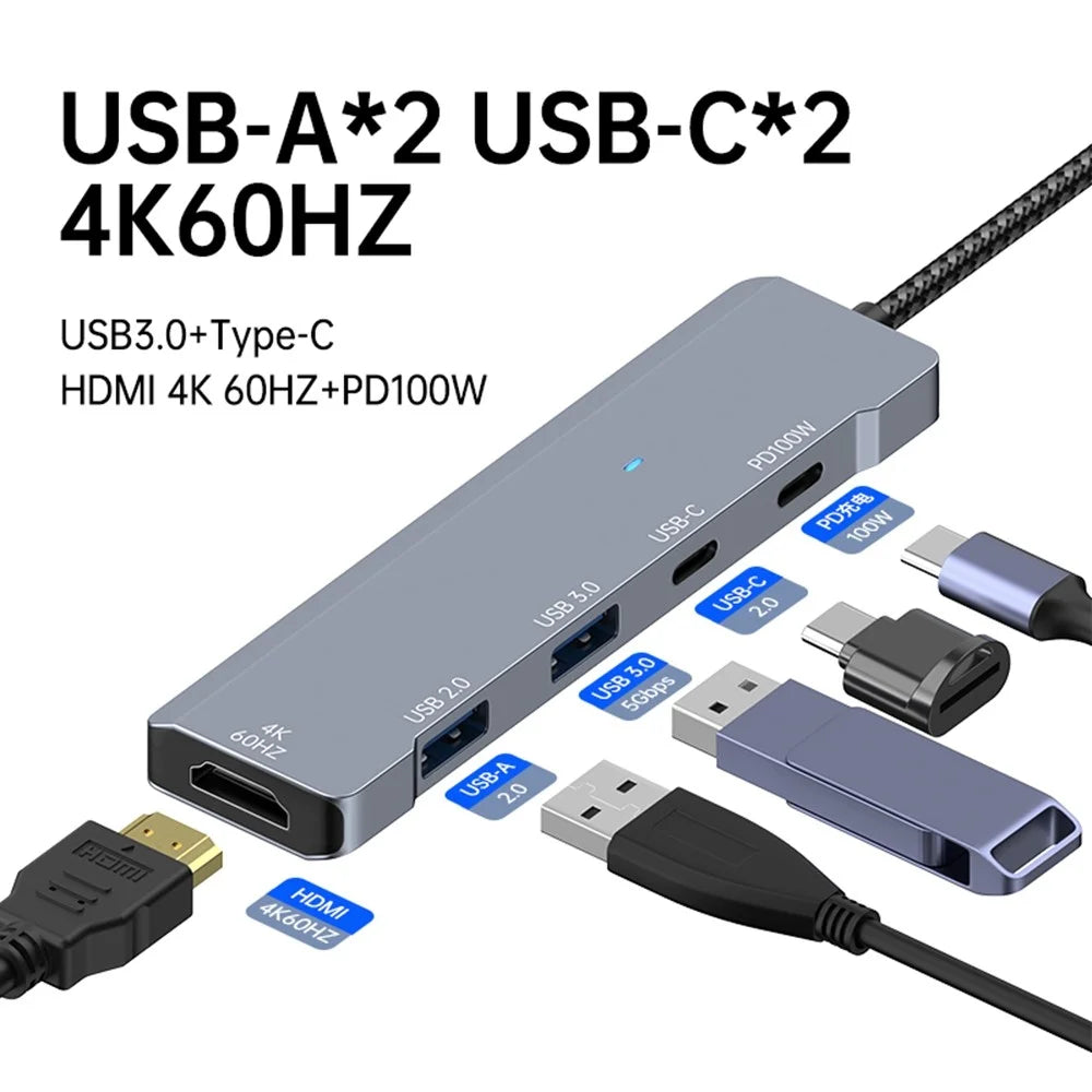 ADS-336 5 In 1 USB C Hub PD 100W Fast Charging 4K 60Hz HD Data Transfer Adapter - 5