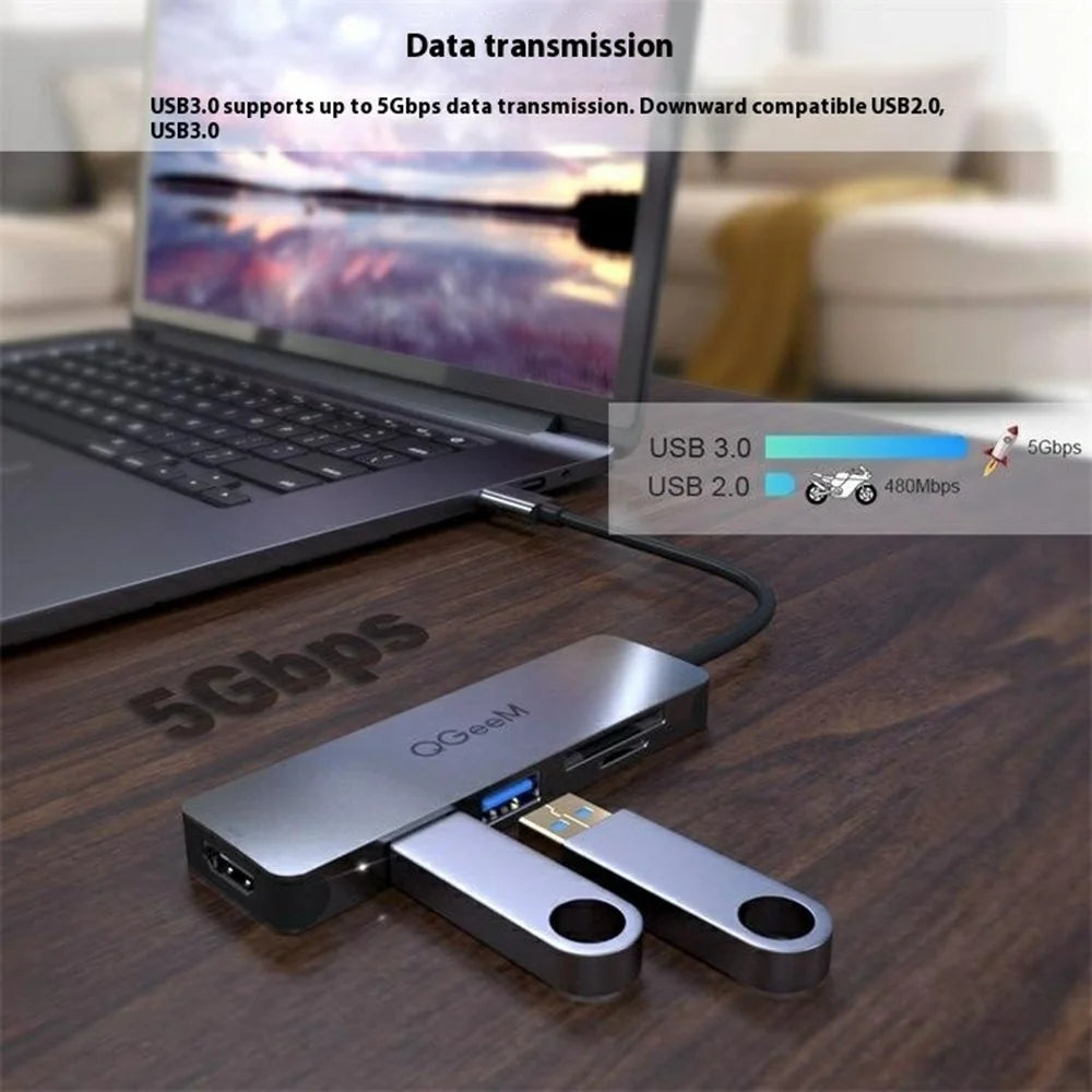 QGEEM UH05 5 In 1 USB C Hub with USB 3.0 USB 2.0 HD Port SD TF Card Reader Expansion Dock - 2