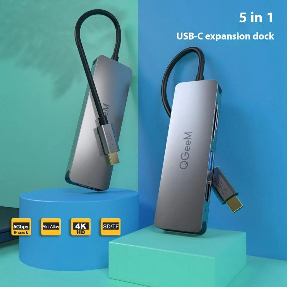 QGEEM UH05 5 In 1 USB C Hub with USB 3.0 USB 2.0 HD Port SD TF Card Reader Expansion Dock - 5