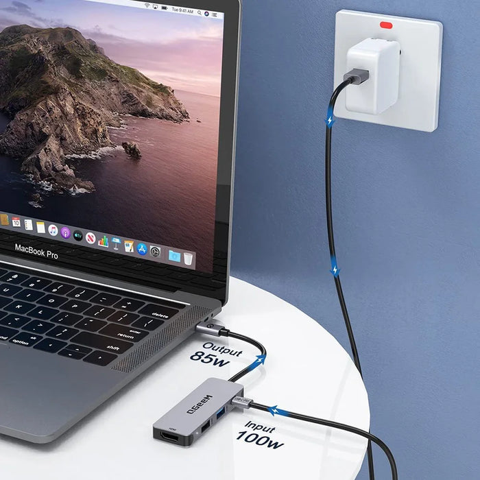 QGEEM UH04-1 4 In 1 Type C Hub USB 3.0 Docking Station with 4K HD PD 100W Charging Port - 4