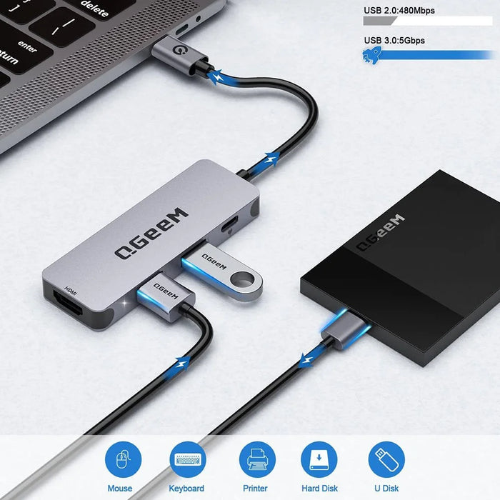 QGEEM UH04-1 4 In 1 Type C Hub USB 3.0 Docking Station with 4K HD PD 100W Charging Port - 5