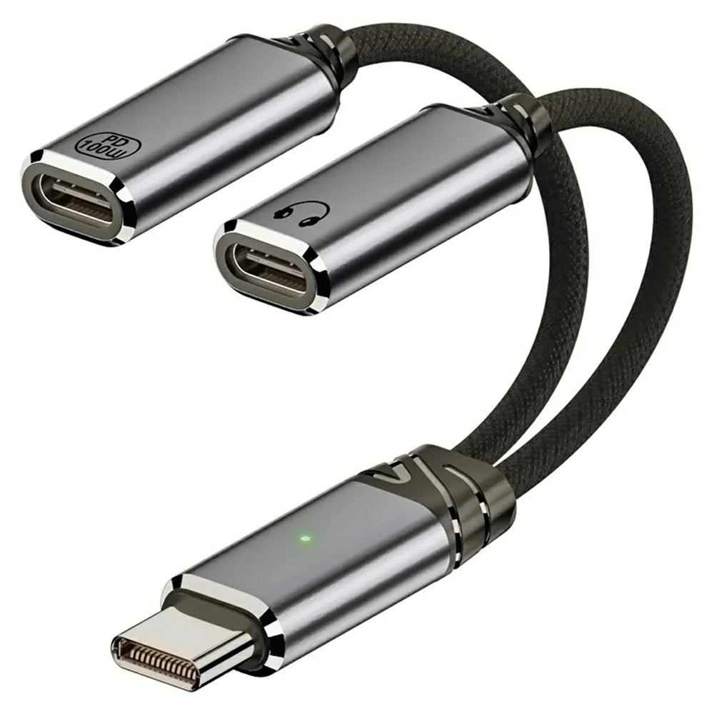 UC-030-TC001 USB-C Male to Dual Female Audio DAC AUX  /  100W PD Power Cable for Laptop / Tablet / Phone - 1