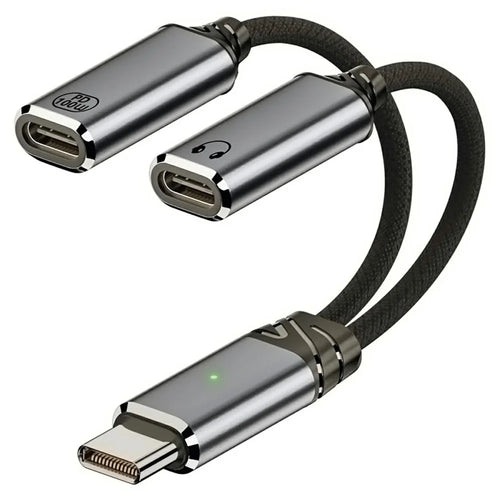 UC-030-TC001 USB-C Male to Dual Female Audio DAC AUX  /  100W PD Power Cable for Laptop / Tablet / Phone - 1