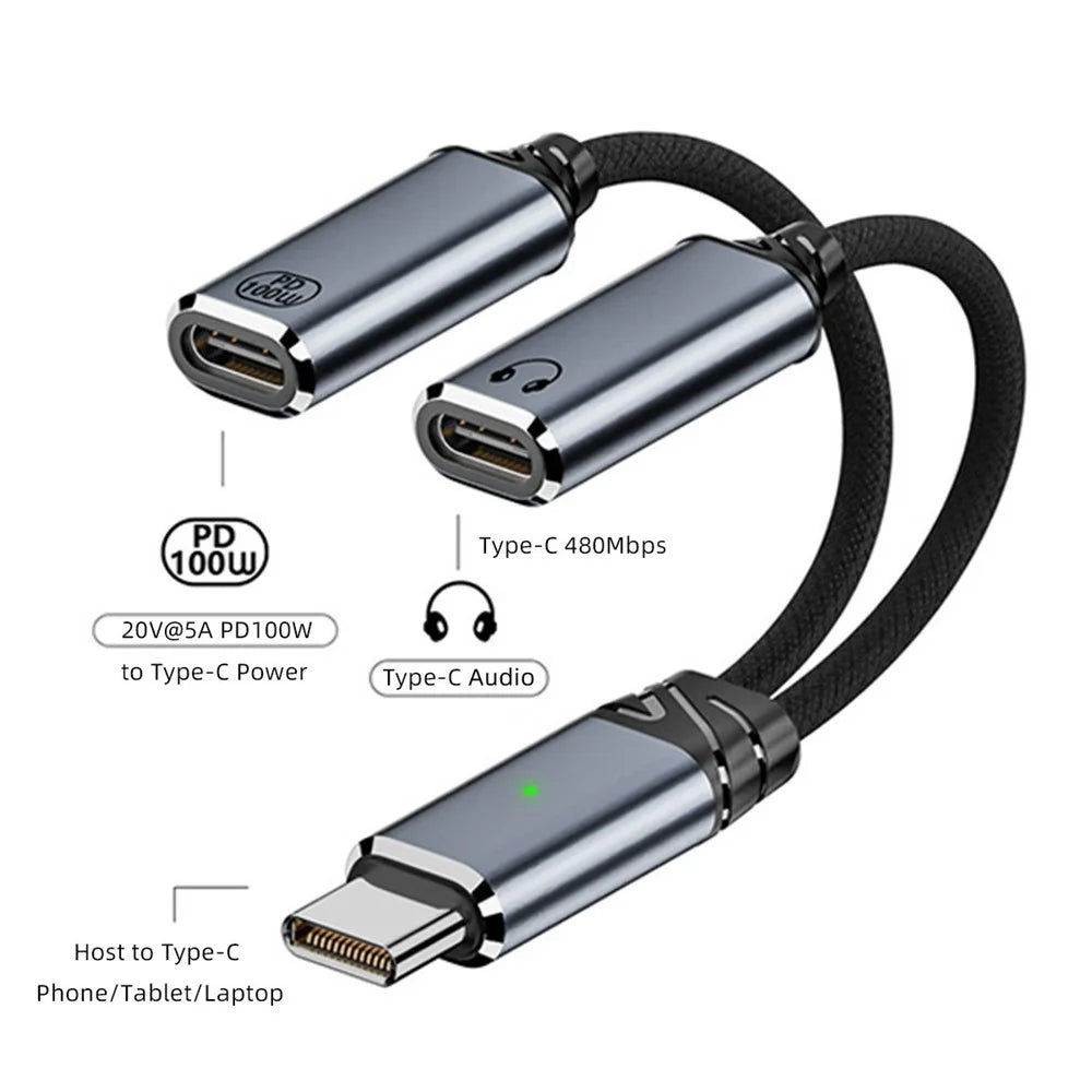UC-030-TC001 USB-C Male to Dual Female Audio DAC AUX  /  100W PD Power Cable for Laptop / Tablet / Phone - 2