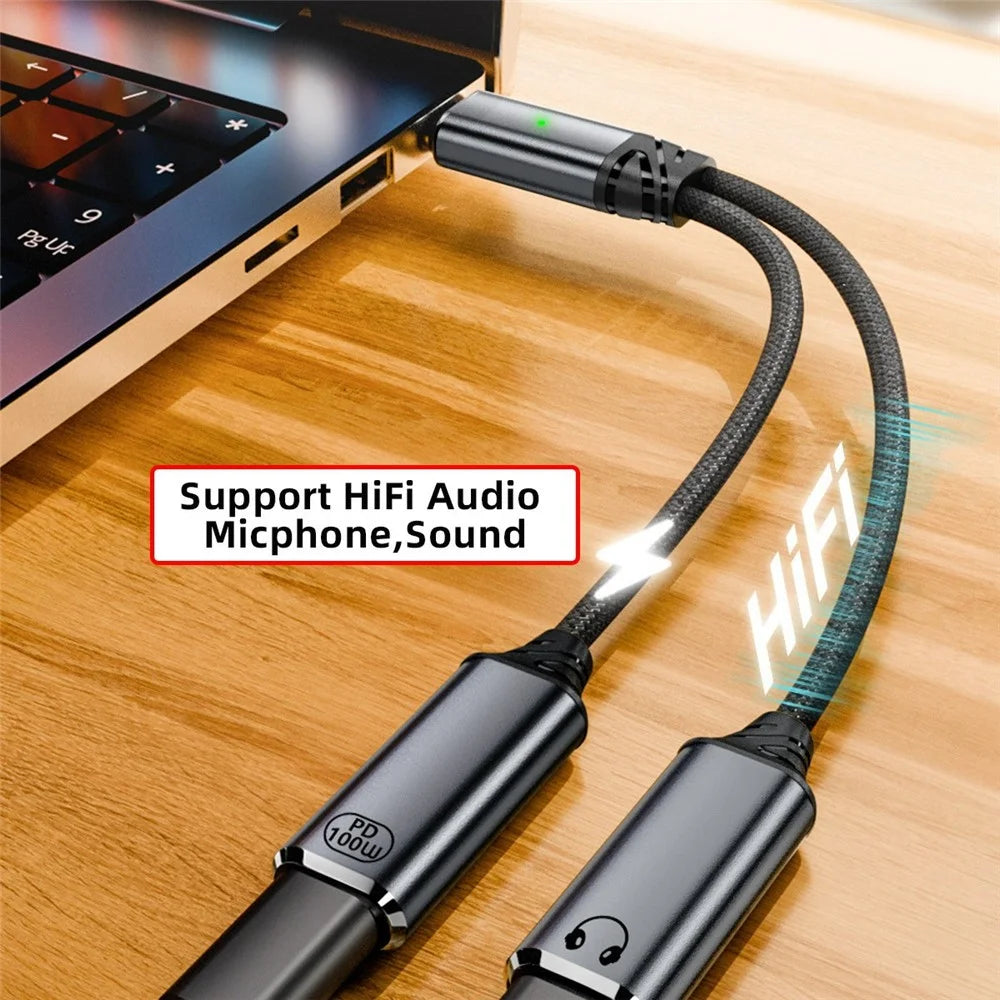 UC-030-TC001 USB-C Male to Dual Female Audio DAC AUX  /  100W PD Power Cable for Laptop / Tablet / Phone - 4