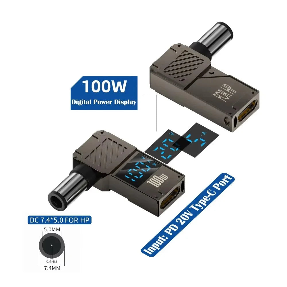 For HP Laptop PD 100W Charging Adapter Type-C to DC 7.4x5.0mm Digital Display Zinc Alloy Converter - 2