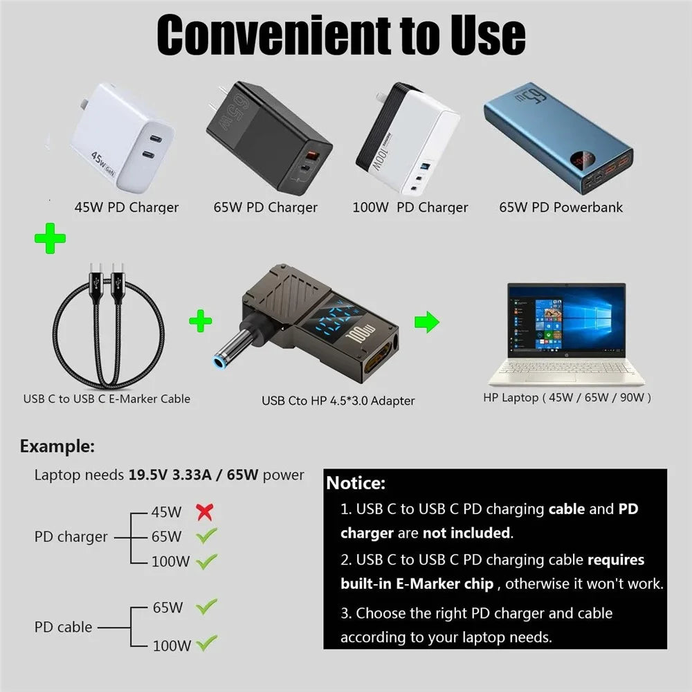 For HP Laptop PD 100W Charging Adapter Type-C to DC 4.5x3.0mm Digital Display Zinc Alloy Converter - 5