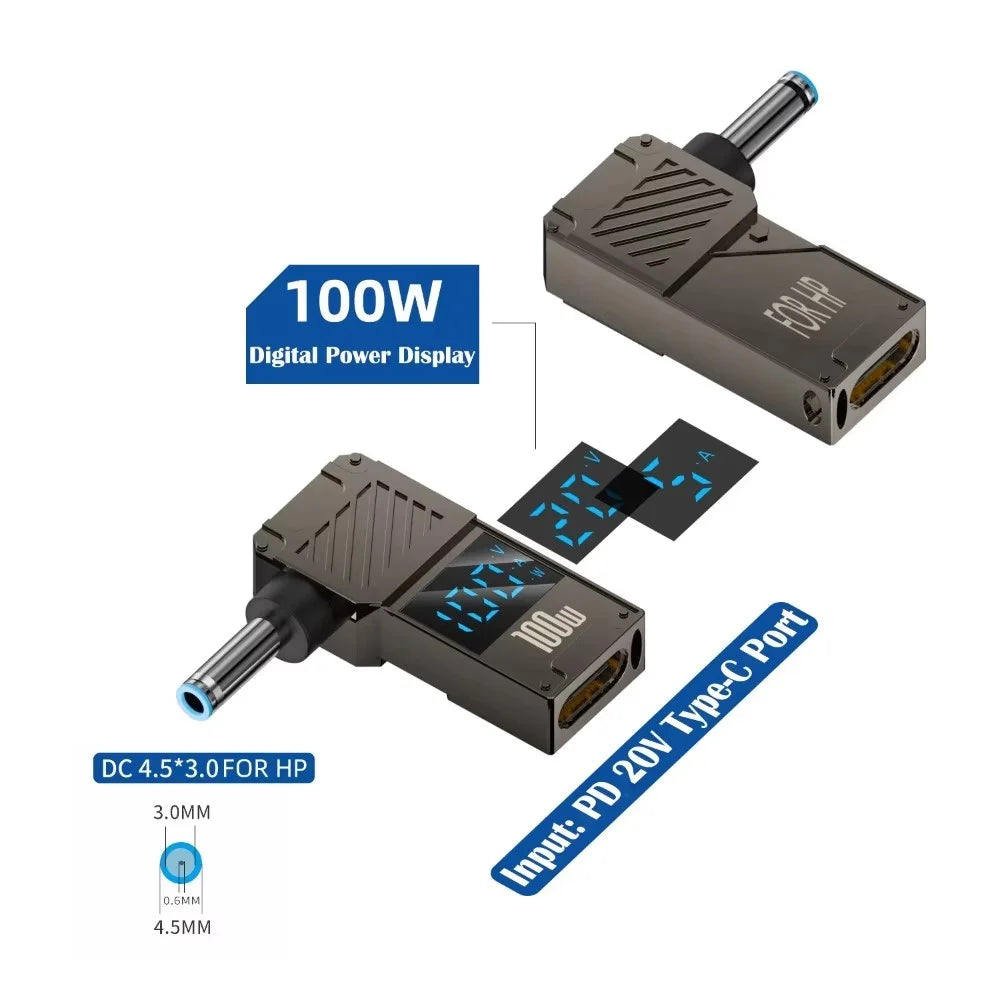 For HP Laptop PD 100W Charging Adapter Type-C to DC 4.5x3.0mm Digital Display Zinc Alloy Converter - 6