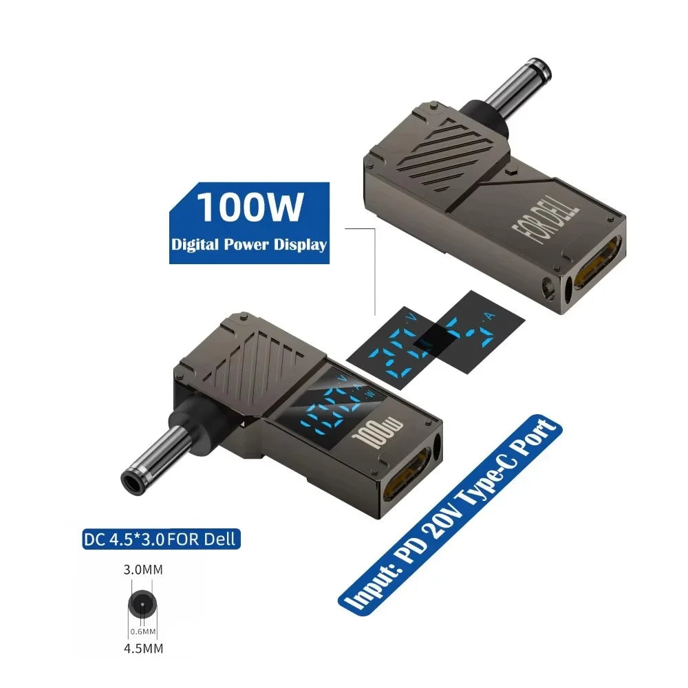 For Dell Laptop PD 100W Charging Adapter Type-C to DC 4.5x3.0mm Digital Display Zinc Alloy Converter - 7