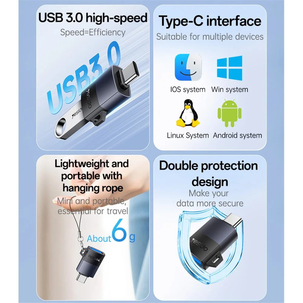 YESIDO GS31 OTG Adapter USB 3.0 to Type-C 18W Fast Charging Aluminum Alloy Converter - 3