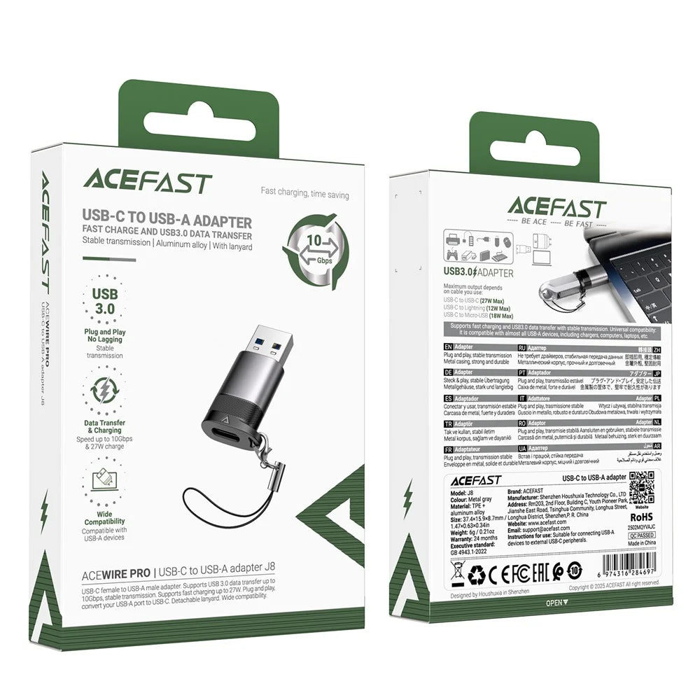 ACEFAST J8 USB-C Female to USB-A Male Adapter 10Gbps Data Transfer Fast Charging Converter - 7