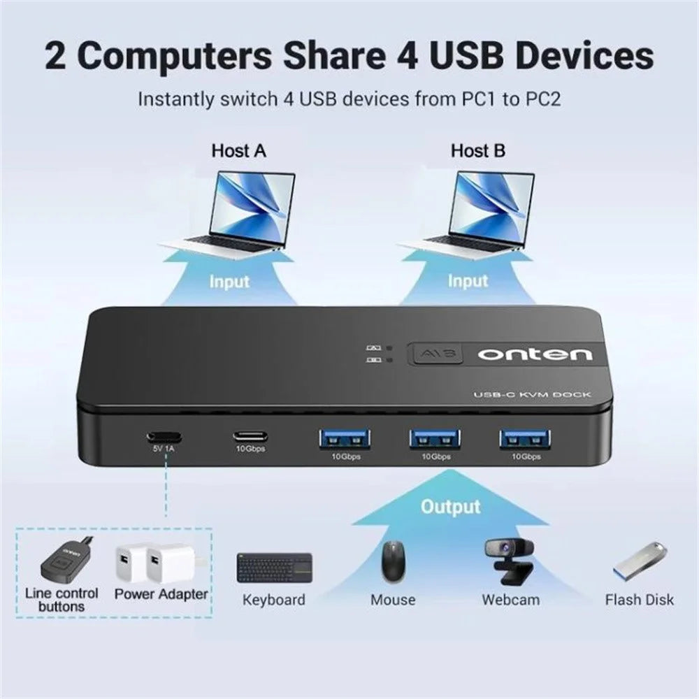 ONTEN KVM200 2 In 4 Out USB 3.2 Gen2 KVM Switcher Type C KVM Adapter Compatible with Mac OS Windows Linux - 4