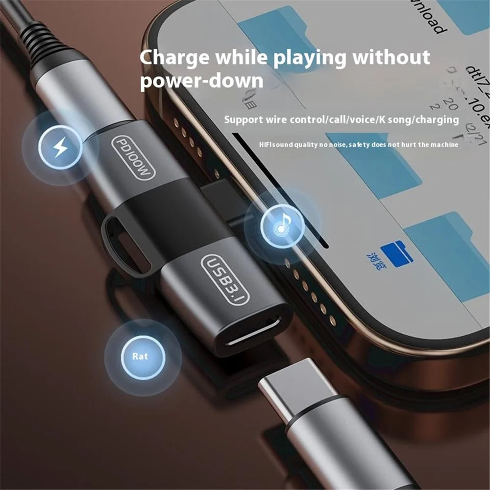 Type-C to Dual Type-C Audio Charging Adapter PD 100W Charging + USB-C Headphone Data OTG Converter - Tarnish - 7
