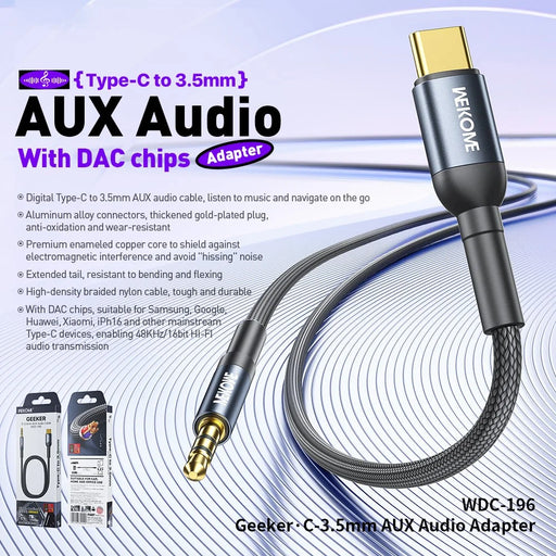 WEKOME WDC-196 Geeker Type-C to 3.5mm AUX Audio Adapter Cable with DAC Chip, 1.2M Length - 2