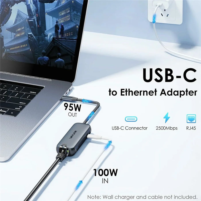 WAVLINK NWU330GD USB-C to RJ45 Ethernet Adapter 2.5Gbps Network Aluminum Converter Support 95W PD Output - 5