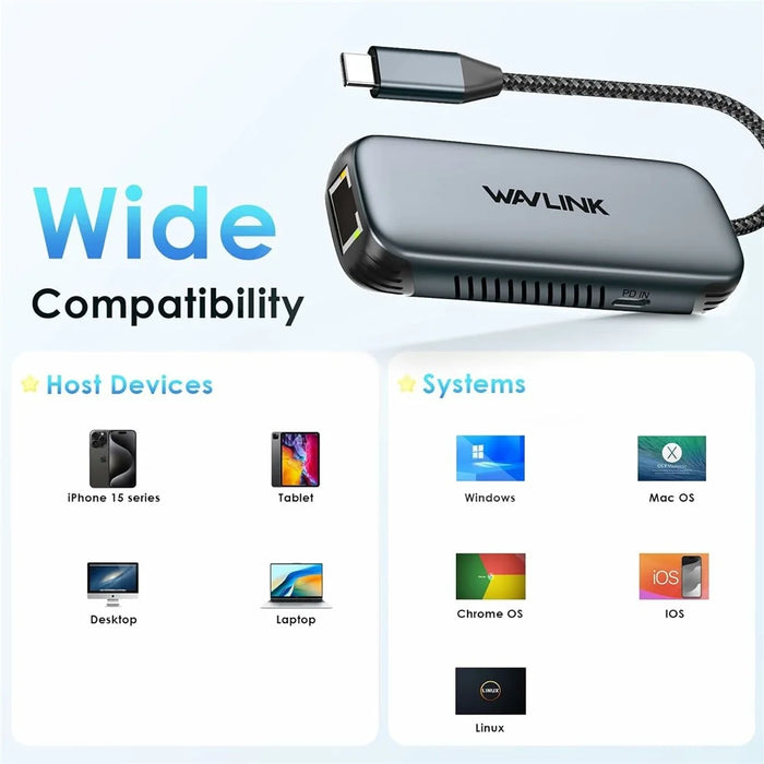 WAVLINK NWU330GD USB-C to RJ45 Ethernet Adapter 2.5Gbps Network Aluminum Converter Support 95W PD Output - 7