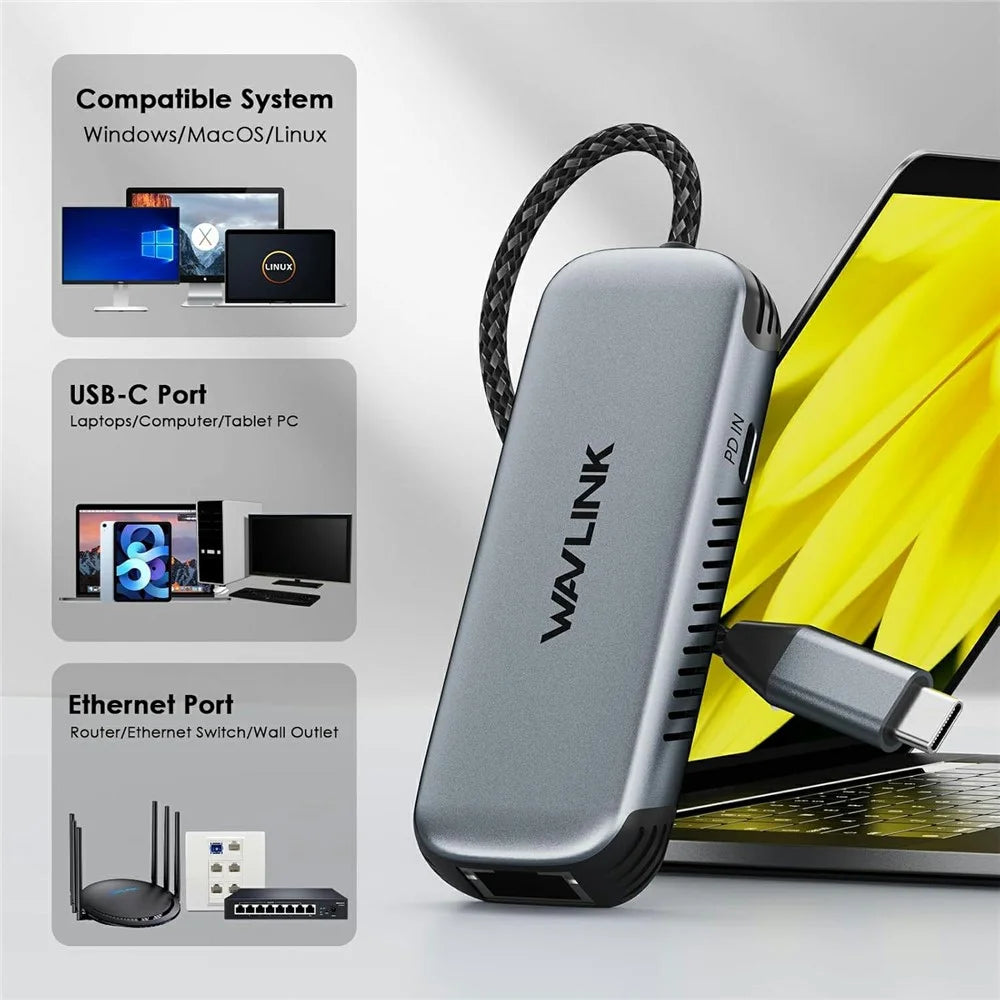 WAVLINK NWU340GD 5Gbps USB-C to RJ45 Ethernet Adapter Aluminum Converter with 95W Charging Port - 3