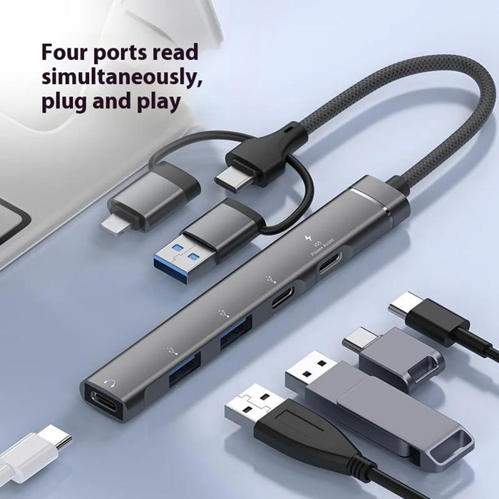 8-Pin / USB / Type C 3 in 1 to 5 Ports USB Hub Smartphones Tablets 15W Charging Data Transfer Adapter - Grey - 4