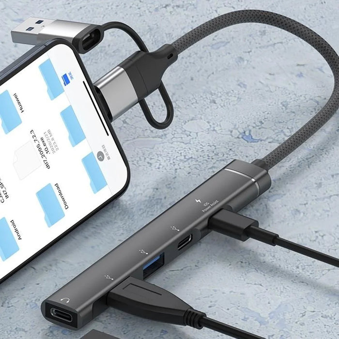 8-Pin / USB / Type C 3 in 1 to 5 Ports USB Hub Smartphones Tablets 15W Charging Data Transfer Adapter - Grey - 6