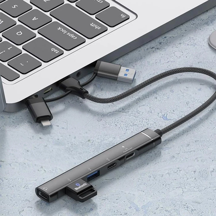 8-Pin / USB / Type C 3 in 1 to 5 Ports USB Hub Smartphones Tablets 15W Charging Data Transfer Adapter - Grey - 7