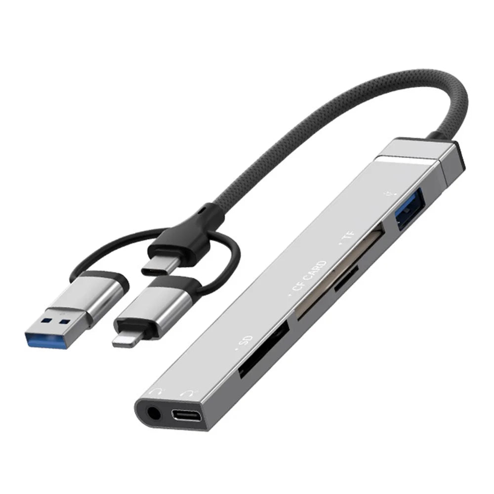 8Pin USB Type-C 3 in 1 Adapter Hub SD TF CF Card Reader USB Data Type-C 3.5mm Headphone Connector - Silver - 1