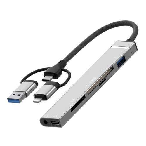 8Pin USB Type-C 3 in 1 Adapter Hub SD TF CF Card Reader USB Data Type-C 3.5mm Headphone Connector - Silver - 1
