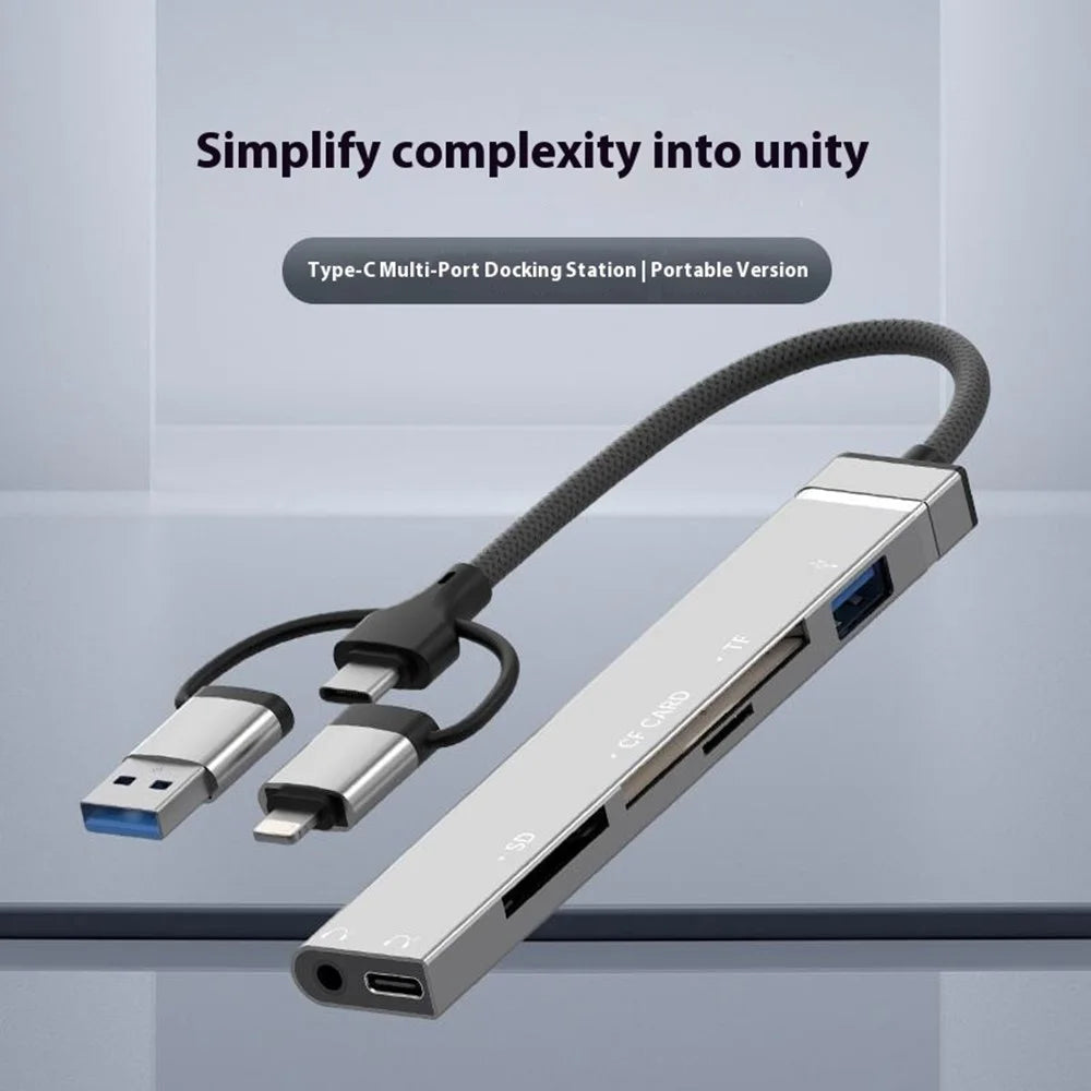 8Pin USB Type-C 3 in 1 Adapter Hub SD TF CF Card Reader USB Data Type-C 3.5mm Headphone Connector - Silver - 2