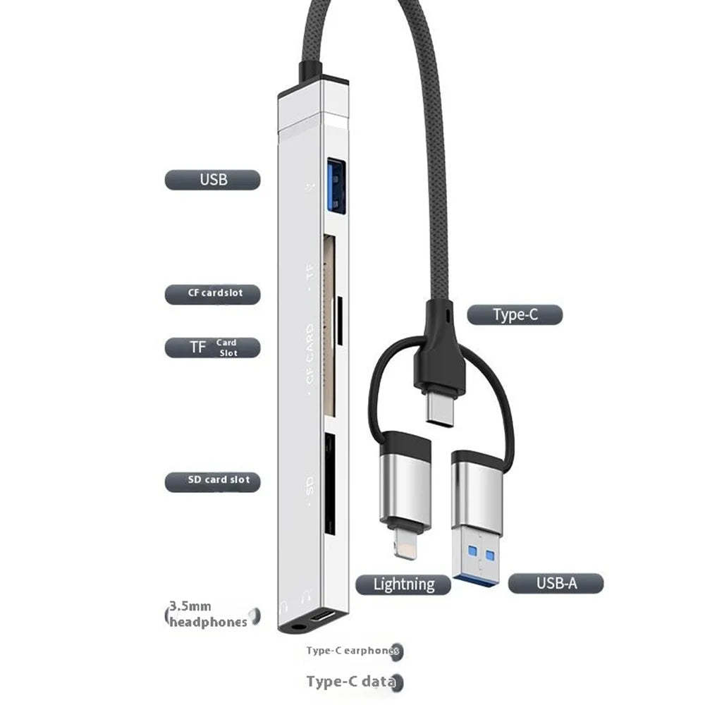 8Pin USB Type-C 3 in 1 Adapter Hub SD TF CF Card Reader USB Data Type-C 3.5mm Headphone Connector - Silver - 3