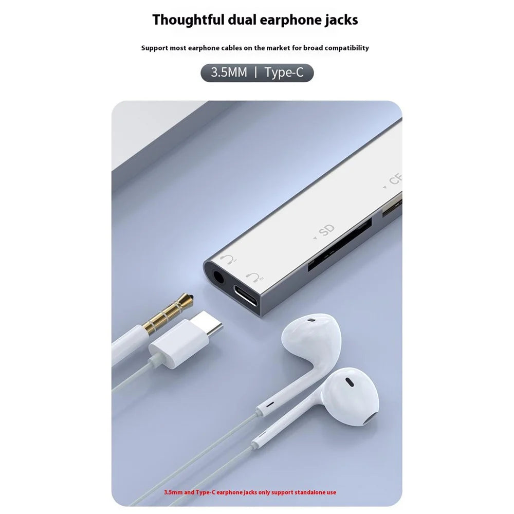 8Pin USB Type-C 3 in 1 Adapter Hub SD TF CF Card Reader USB Data Type-C 3.5mm Headphone Connector - Silver - 5